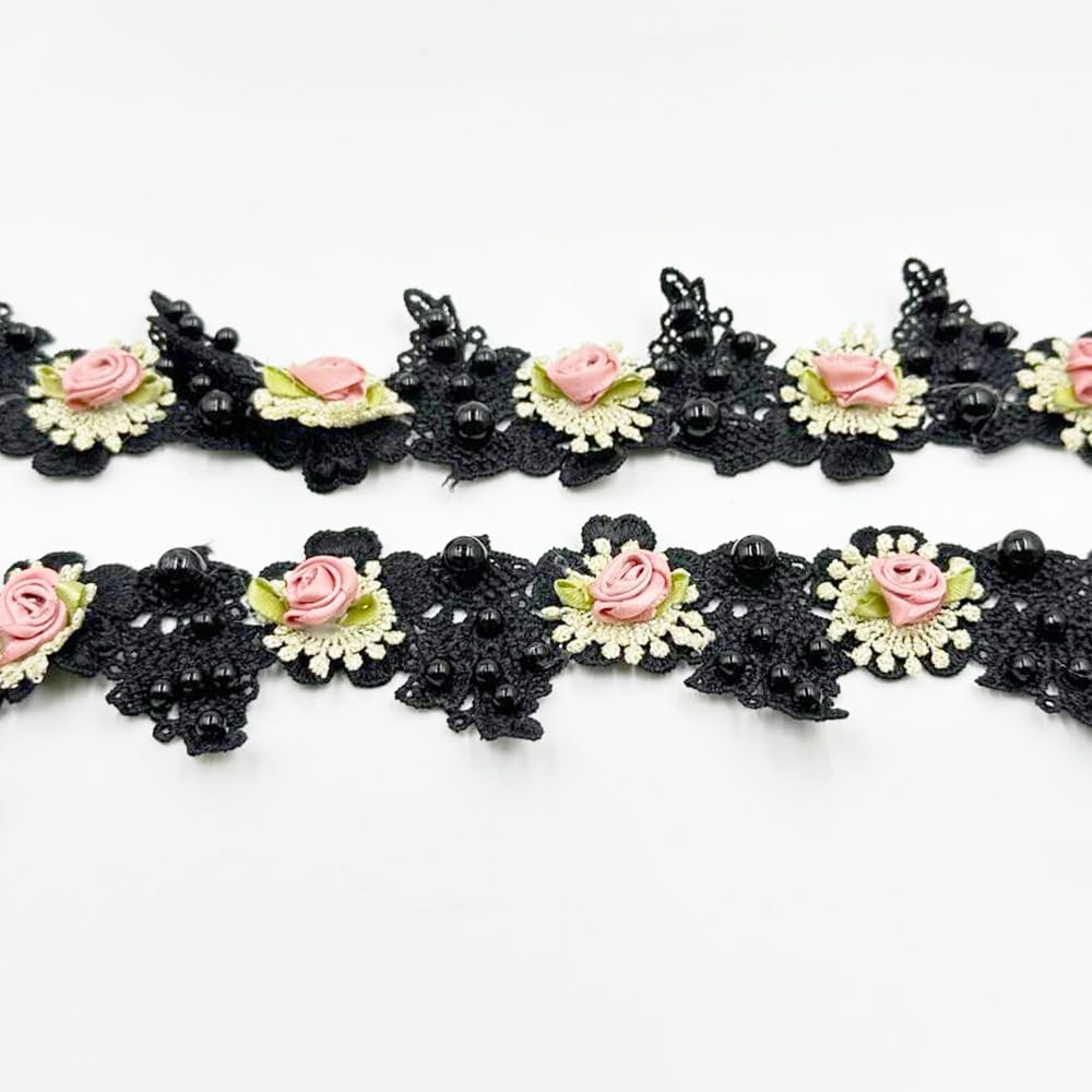 1 Yard Vintage Pearl Beads Rose Flowers Embroidered Lace Edge Trim Fabric Floral Appliques Lace Ribbon Bridal Handmade Sewing Craft for Wedding Bridal Dress Clothes Hat Decoration (Black)