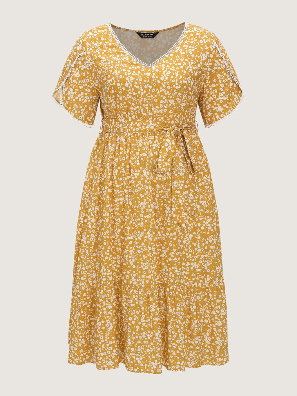 Floral Print V-Neck Petal Sleeve Midi Dress