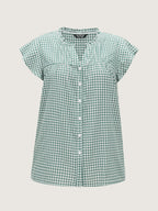 Cotton Check Print Ruffled Sleeve Blouse