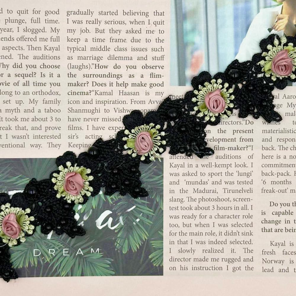 1 Yard Vintage Pearl Beads Rose Flowers Embroidered Lace Edge Trim Fabric Floral Appliques Lace Ribbon Bridal Handmade Sewing Craft for Wedding Bridal Dress Clothes Hat Decoration (Black)