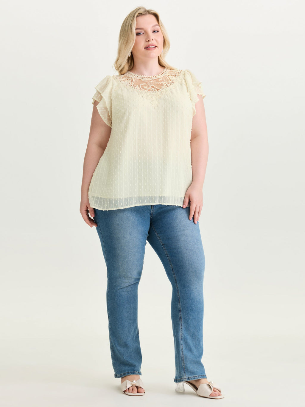 Sheer Lace Neckline Layered Sleeve Blouse