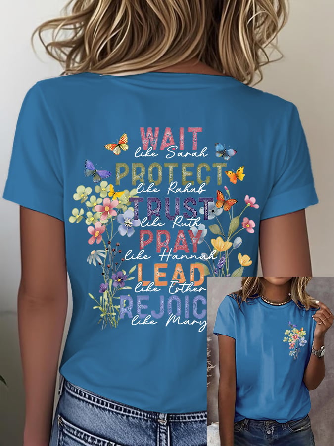 Women'S Casual Floral Faith Print Short Sleeve T-Shirt