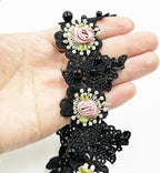 1 Yard Vintage Pearl Beads Rose Flowers Embroidered Lace Edge Trim Fabric Floral Appliques Lace Ribbon Bridal Handmade Sewing Craft for Wedding Bridal Dress Clothes Hat Decoration (Black)