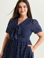 Pretty Polka Dots Ribbon Neckline Midi Dress