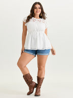 Cut Out Floral Neckline Plain Blouse
