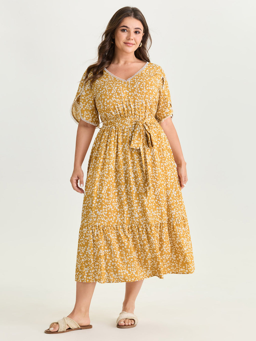Floral Print V-Neck Petal Sleeve Midi Dress