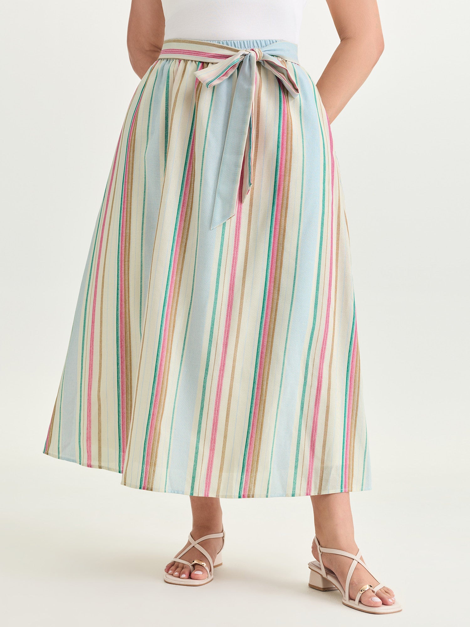 Colorful Striped Print Waist-Tie Maxi Skirt