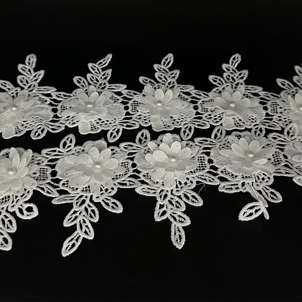 1 Yard White Flower Pearl Beads Lace Edge Trim Ribbon Floral Appliques Embroidered Fabric Sewing Lace for Wedding Bridal Dress Clothes Costume Hat Decoration (White, 1 Yard)
