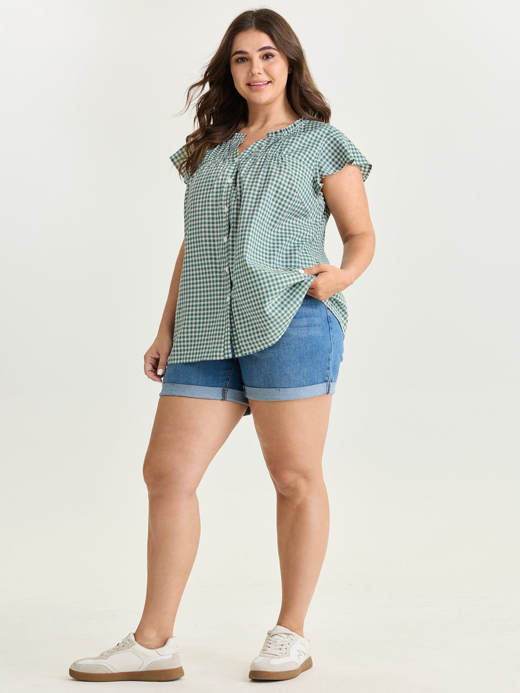 Cotton Check Print Ruffled Sleeve Blouse