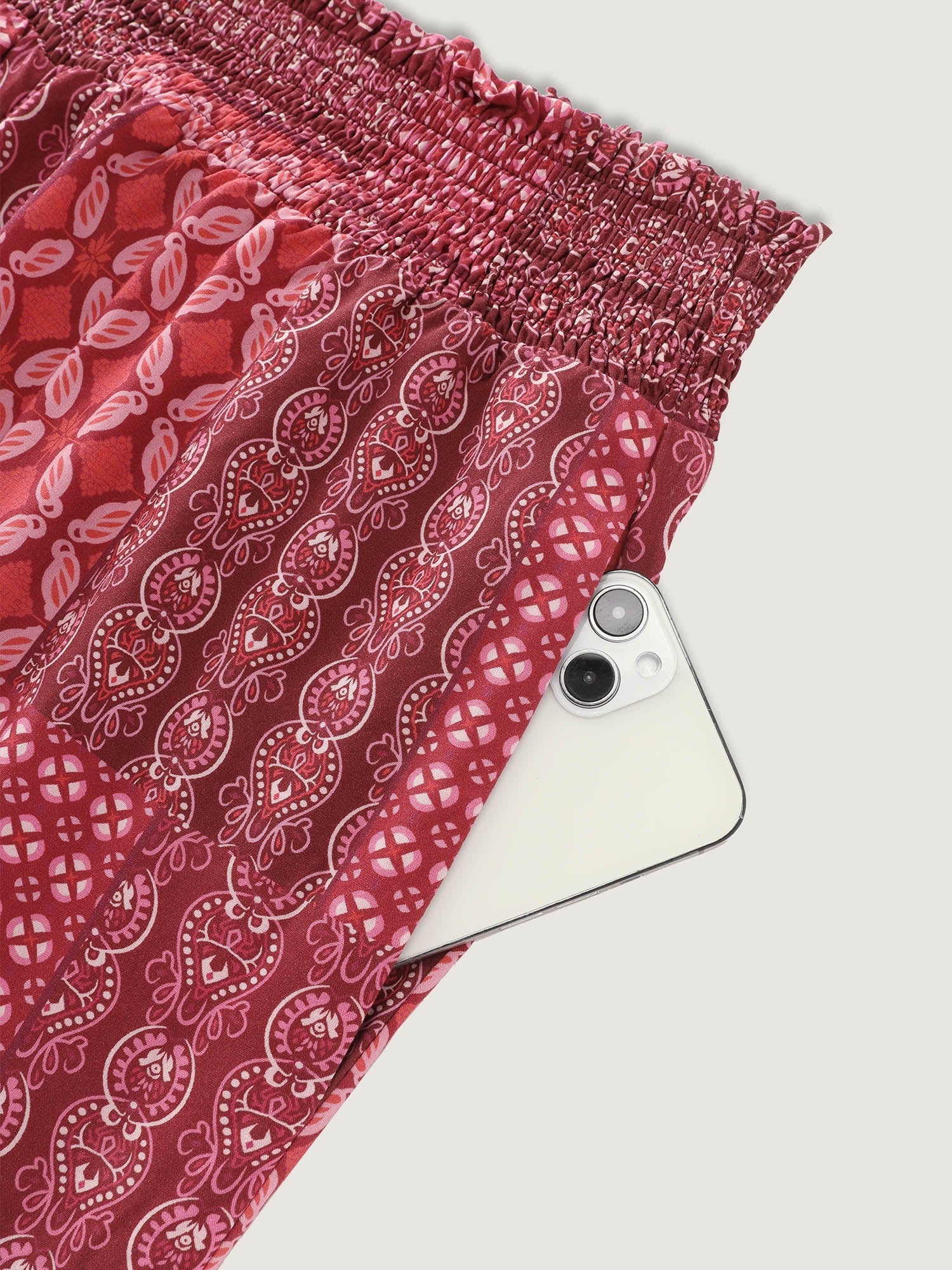 Geometric Print Flared Shirred Waist Pants