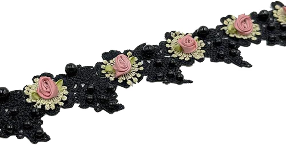1 Yard Vintage Pearl Beads Rose Flowers Embroidered Lace Edge Trim Fabric Floral Appliques Lace Ribbon Bridal Handmade Sewing Craft for Wedding Bridal Dress Clothes Hat Decoration (Black)