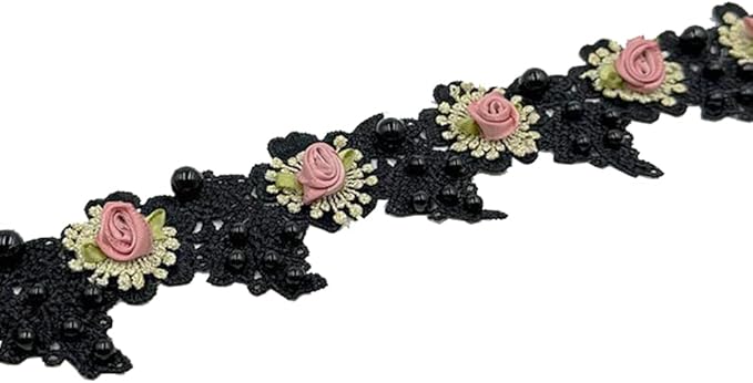 1 Yard Vintage Pearl Beads Rose Flowers Embroidered Lace Edge Trim Fabric Floral Appliques Lace Ribbon Bridal Handmade Sewing Craft for Wedding Bridal Dress Clothes Hat Decoration (Black)