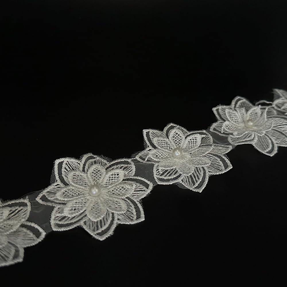 1 Yard Flower Lace Edge Trim Flower with White Pearl Beads Embroidered Lace Ribbon Floral Fabric Applique for Wedding Dress Bridal Headpiece Decoration Bridal DIY Handmade Sewing Craft (Khaki)