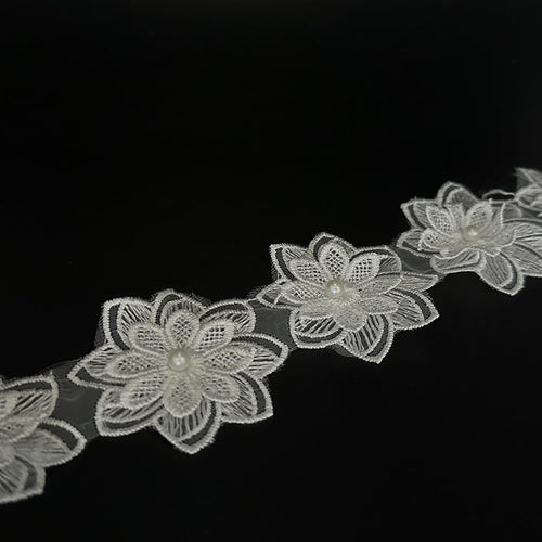 1 Yard Flower Lace Edge Trim Flower with White Pearl Beads Embroidered Lace Ribbon Floral Fabric Applique for Wedding Dress Bridal Headpiece Decoration Bridal DIY Handmade Sewing Craft (Khaki)