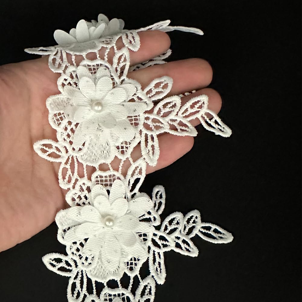1 Yard White Flower Pearl Beads Lace Edge Trim Ribbon Floral Appliques Embroidered Fabric Sewing Lace for Wedding Bridal Dress Clothes Costume Hat Decoration (White, 1 Yard)