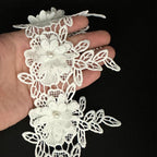 1 Yard White Flower Pearl Beads Lace Edge Trim Ribbon Floral Appliques Embroidered Fabric Sewing Lace for Wedding Bridal Dress Clothes Costume Hat Decoration (White, 1 Yard)
