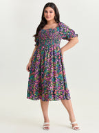 Playful Floral Print Shirred Midi Dress
