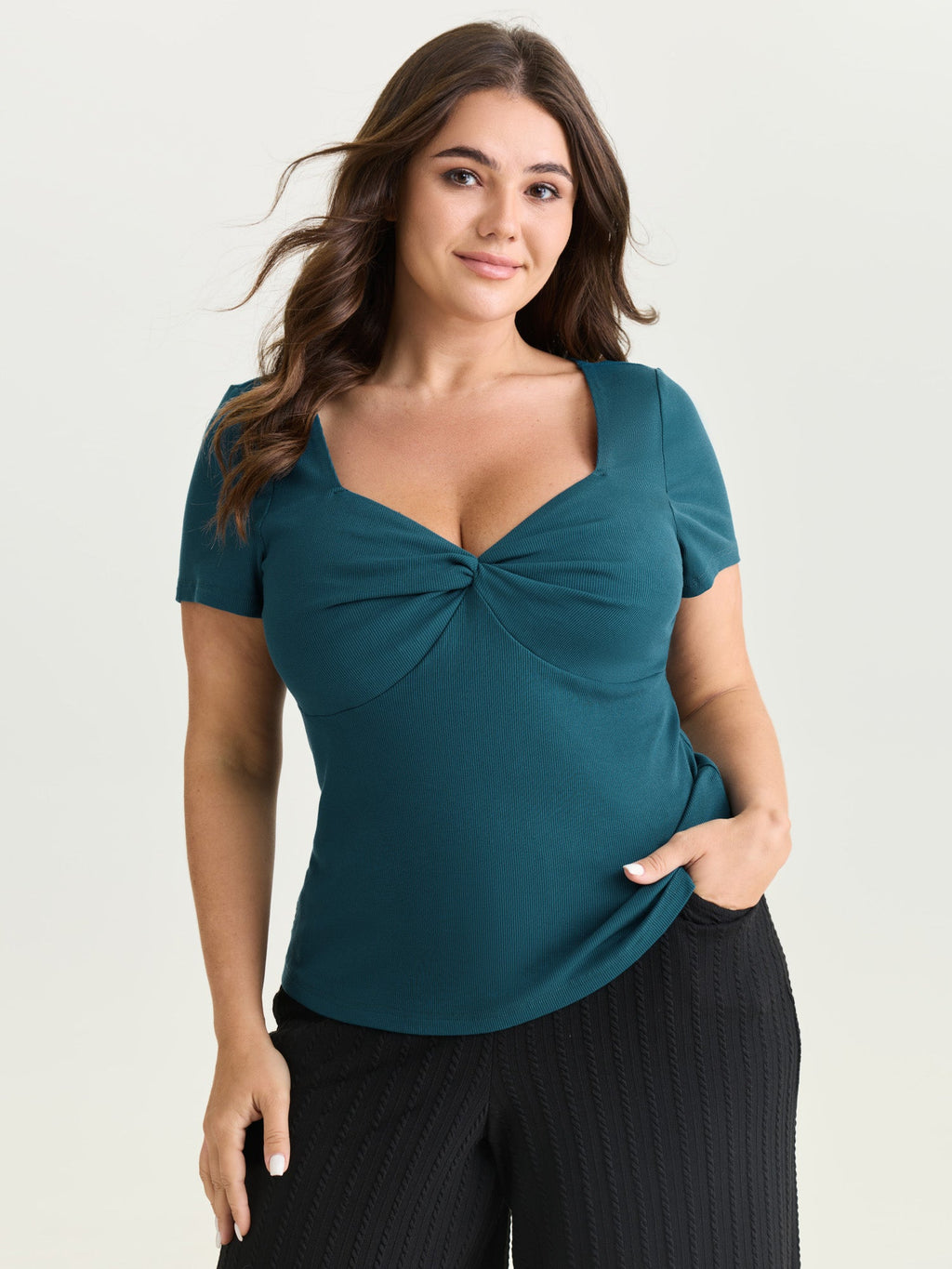 Supersoft Stretchy Ribbed Sweetheart Neckline Knit Top