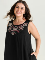 Boho Embroidered Neckline Sleeveless Mini Dress