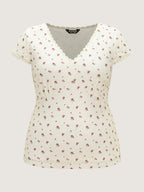 Rose Print V-Neck Knit Top
