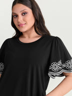 Stretchy Embroidered Sleeve Plain T-Shirt