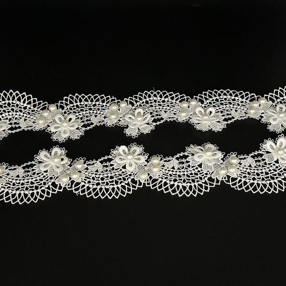 1 Yard Flower with Pearl Beads Lace Edge Trim Elegant Floral Embroidered Sewing Lace Applique for Wedding Bridal Dress Clothes Costume Hat Party Toy Doll Decoration (White, 1 Yard)
