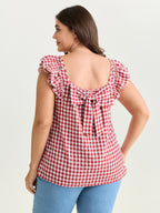Gingham Print Layered Flutter Sleeve Blouse