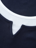 Color Contrast Layered Split Neck T-Shirt