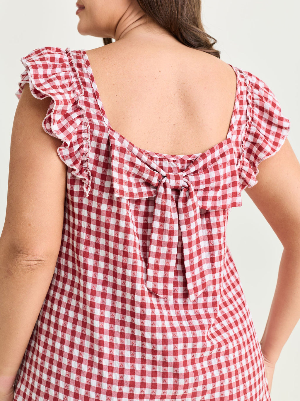 Gingham Print Layered Flutter Sleeve Blouse