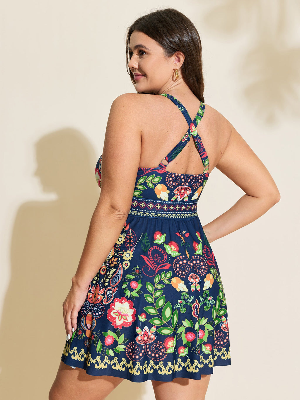 Tropical Floral Print Pockets Swim Dress