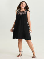 Boho Embroidered Neckline Sleeveless Mini Dress