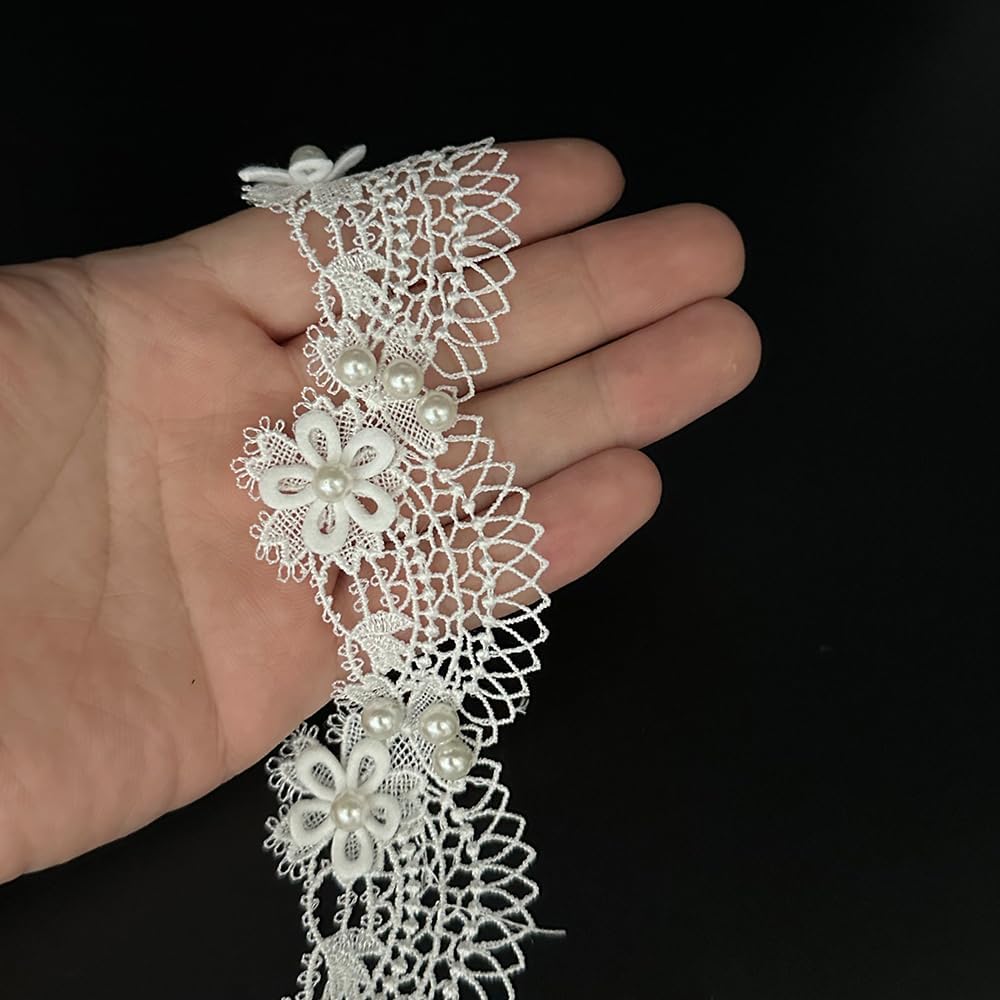 1 Yard Flower with Pearl Beads Lace Edge Trim Elegant Floral Embroidered Sewing Lace Applique for Wedding Bridal Dress Clothes Costume Hat Party Toy Doll Decoration (White, 1 Yard)