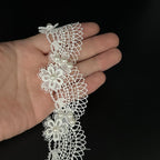 1 Yard Flower with Pearl Beads Lace Edge Trim Elegant Floral Embroidered Sewing Lace Applique for Wedding Bridal Dress Clothes Costume Hat Party Toy Doll Decoration (White, 1 Yard)