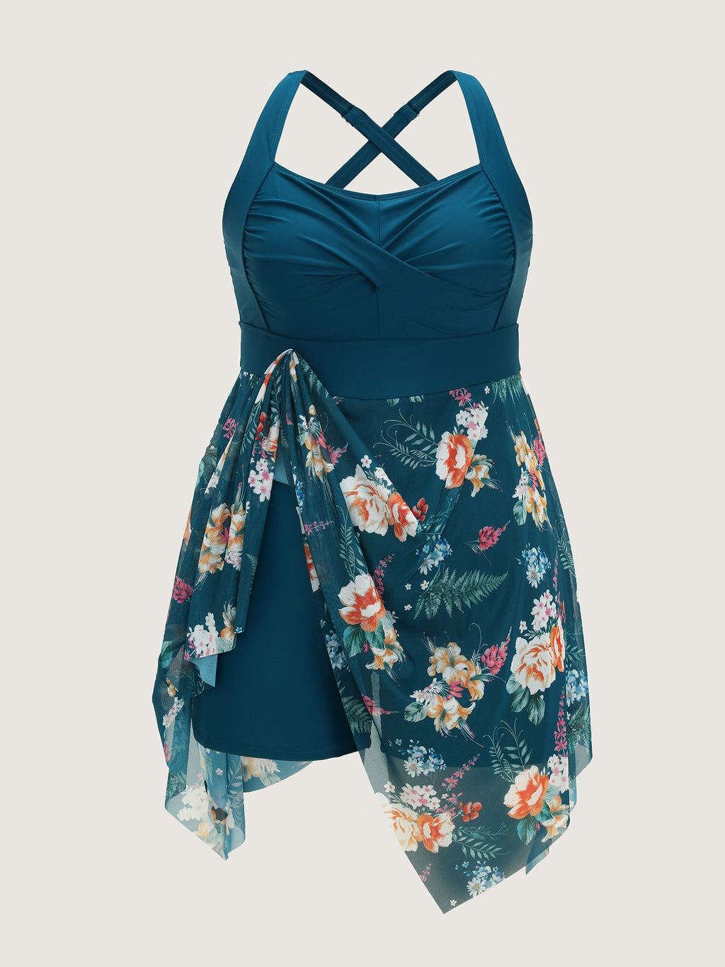 Floral Print Pockets Contrast Swim Dress