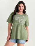 Embroidered Leaf Pattern Plain T-Shirt