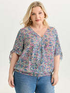 Floral Print Adjustable Sleeve Tie Blouse