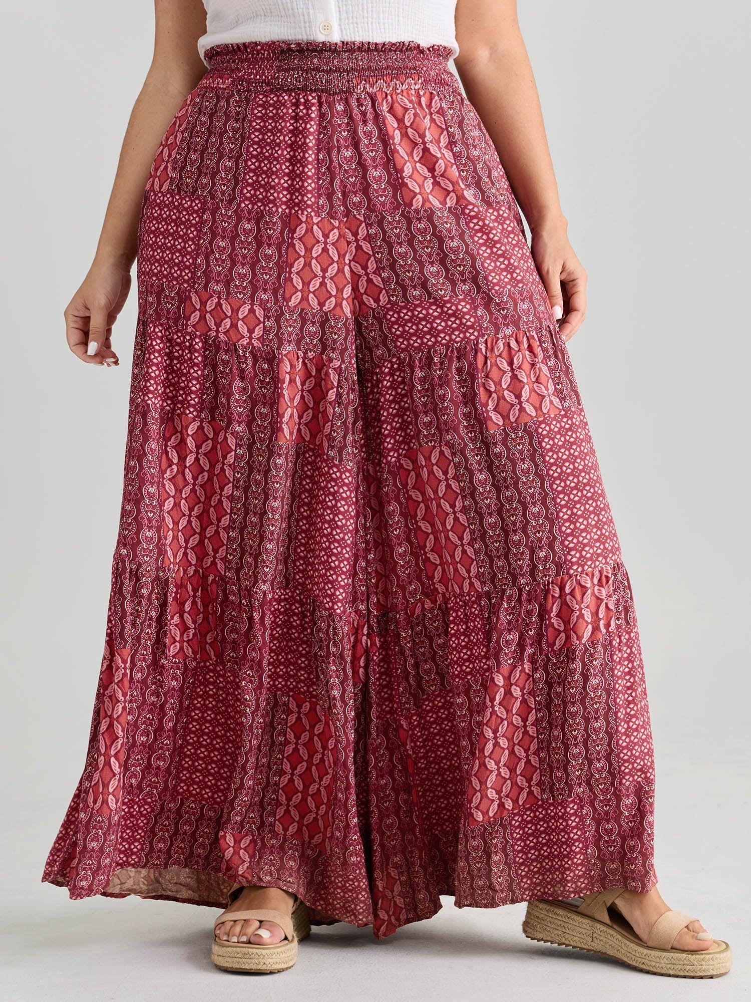 Geometric Print Flared Shirred Waist Pants