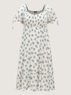Floral Print Shirred Bodice Sleeve-Tie Maxi Dress