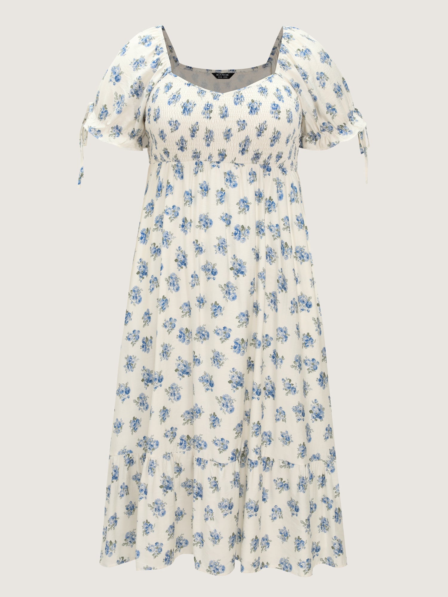 Floral Print Shirred Bodice Sleeve-Tie Maxi Dress