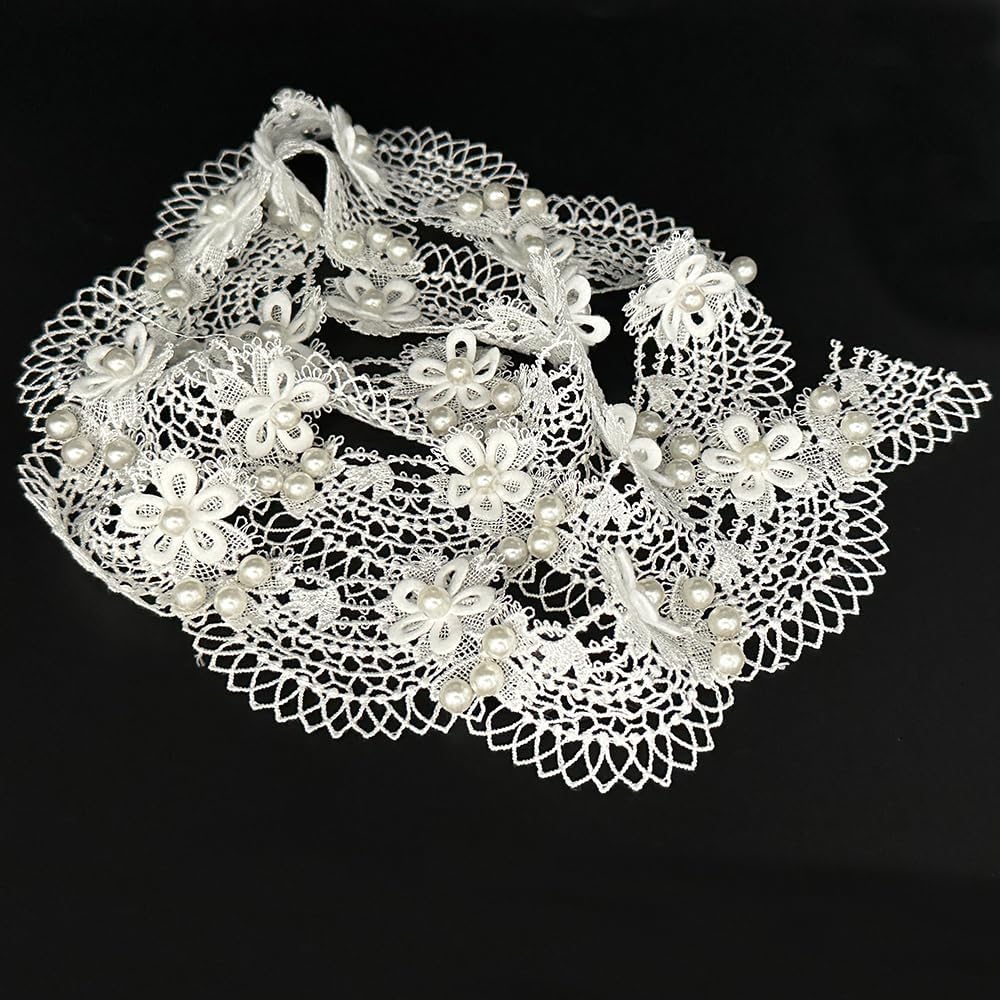 1 Yard Flower with Pearl Beads Lace Edge Trim Elegant Floral Embroidered Sewing Lace Applique for Wedding Bridal Dress Clothes Costume Hat Party Toy Doll Decoration (White, 1 Yard)