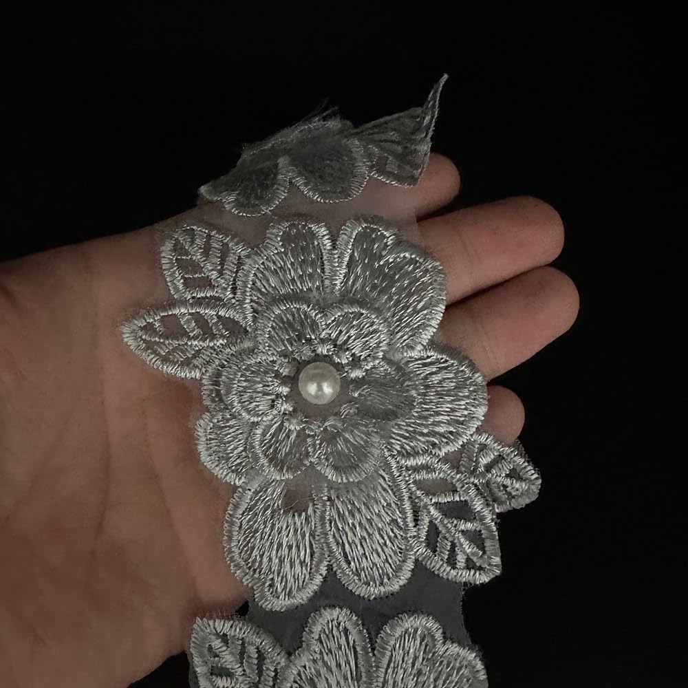 1 Yard Flower Lace Trim Flowers with Pearl Beads Embroidered Edge Trim Fabric Floral Appliques Lace Ribbon for Wedding Dress Clothes Decoration DIY Handmade Sewing Craft (Black)