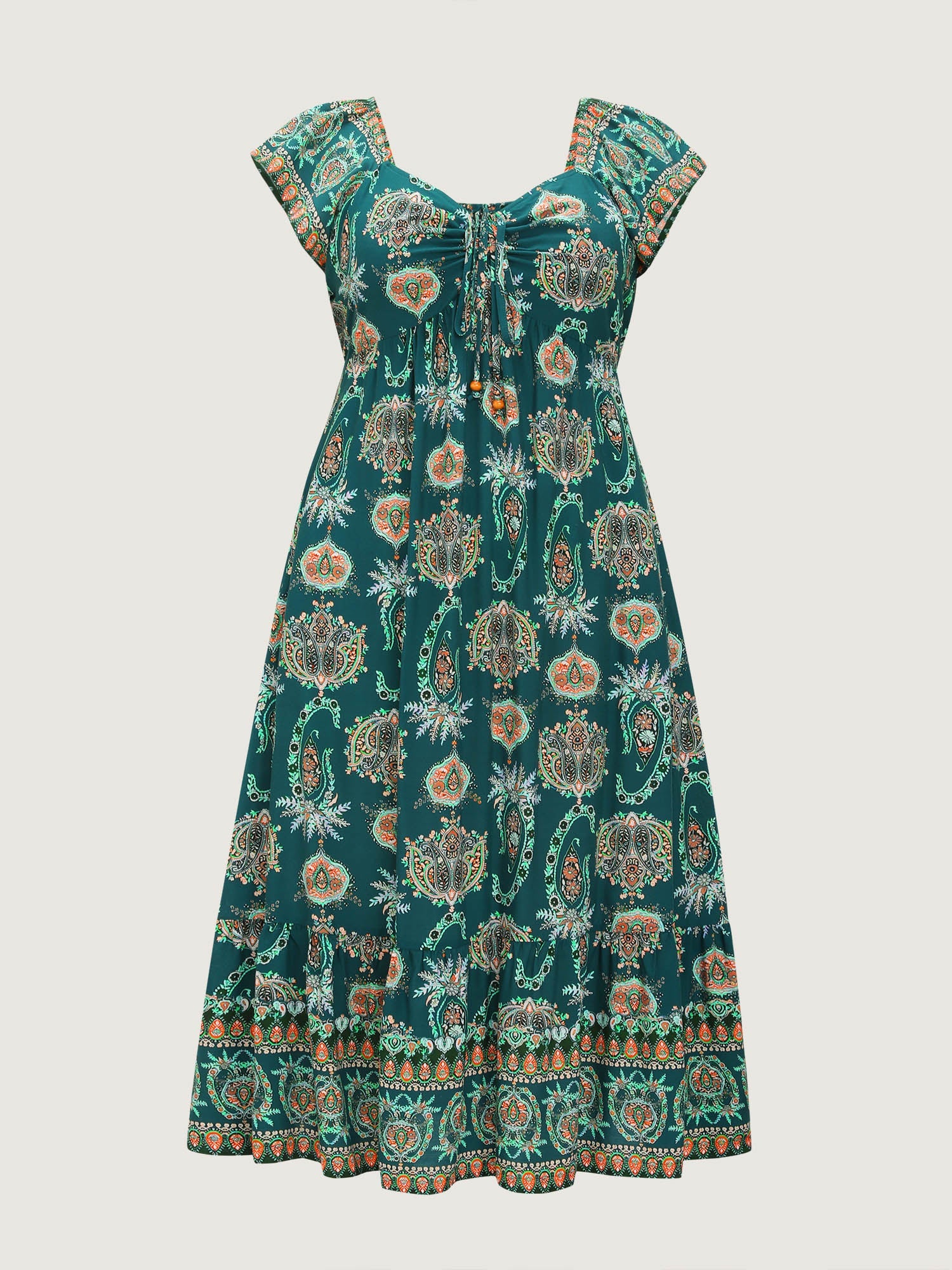 Paisley Print Ruched Adjustable Bodice Maxi Dress