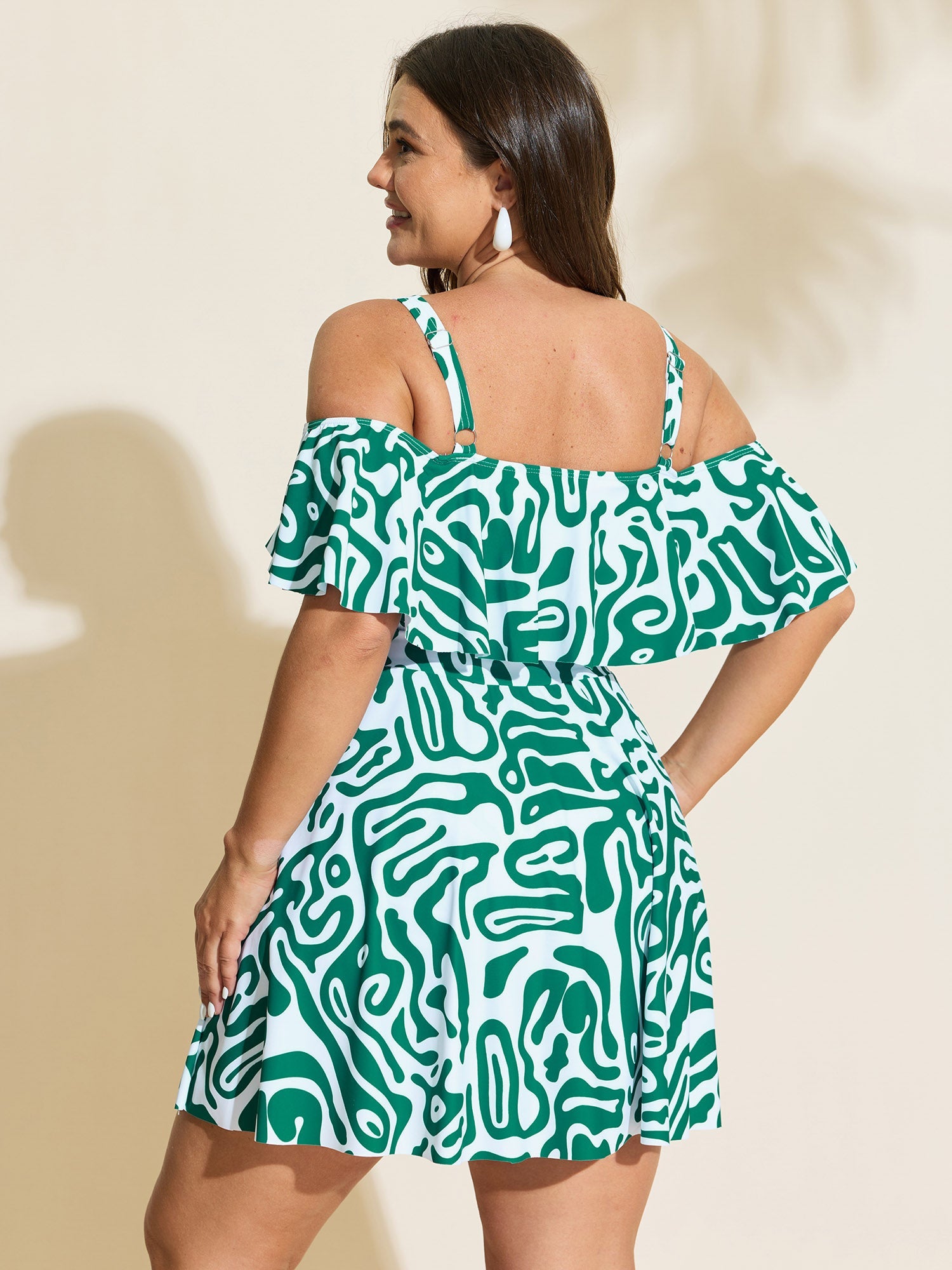 Geometric Print Cold-Shoulder Swim Dress
