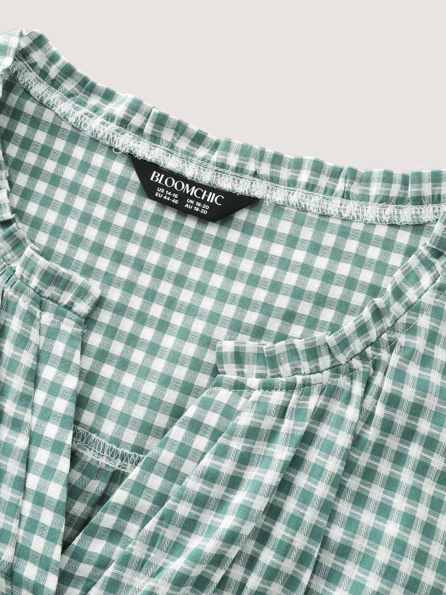 Cotton Check Print Ruffled Sleeve Blouse