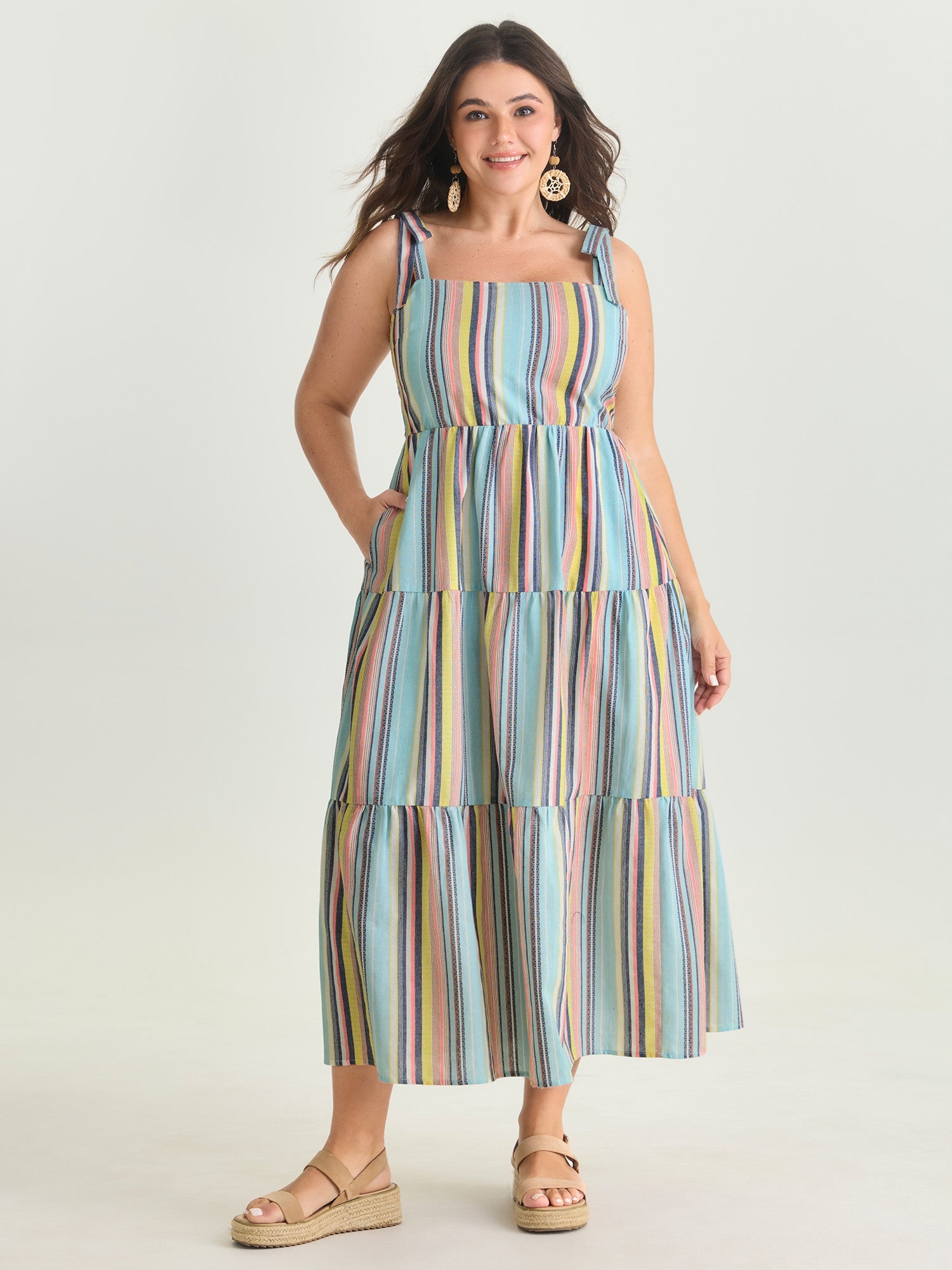 Multi-Color Striped Print Shoulder-Tie Midi Dress