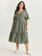 Striped Print V-Neck Midi Dress