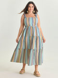 Multi-Color Striped Print Shoulder-Tie Midi Dress