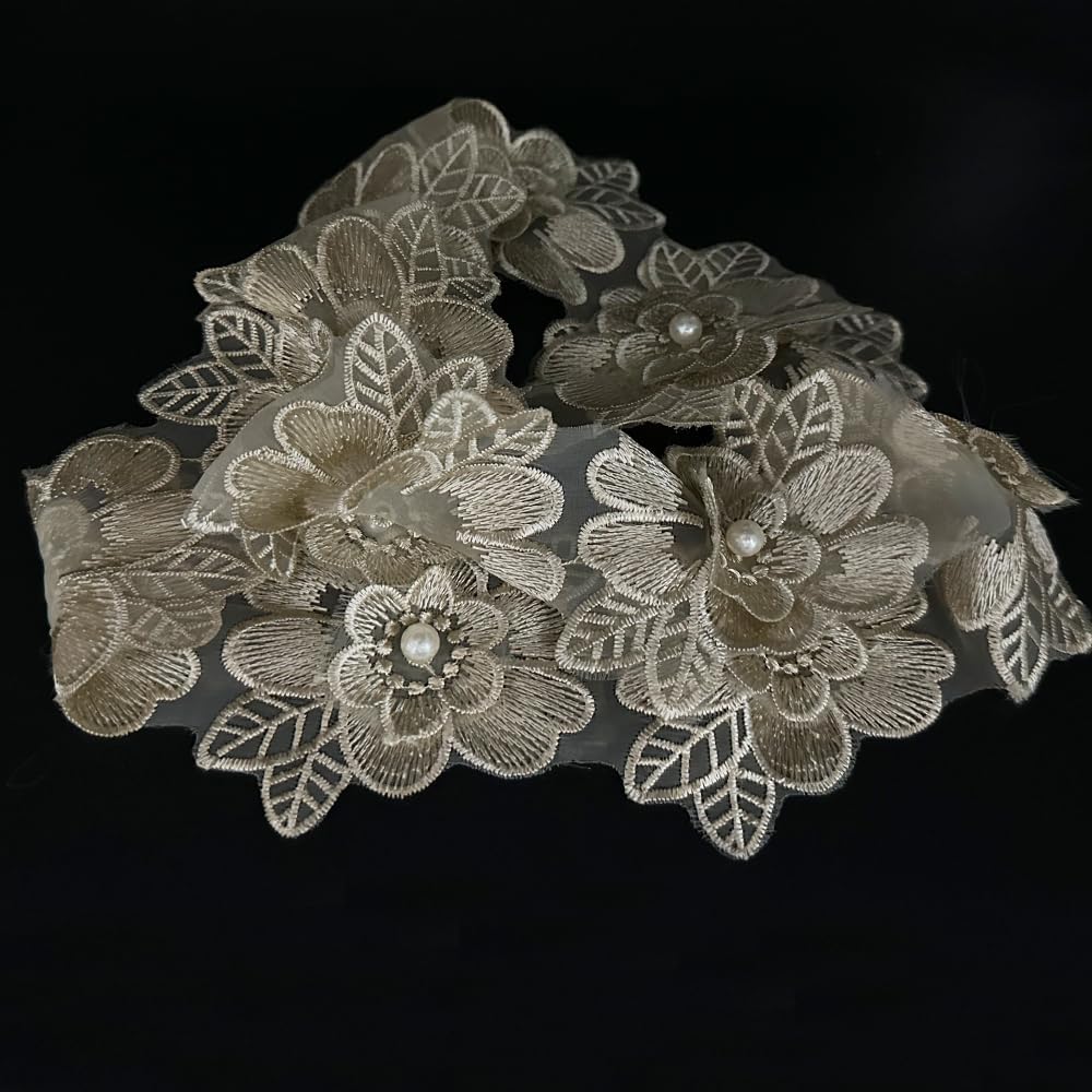 1 Yard Flower Lace Trim Flowers with Pearl Beads Embroidered Edge Trim Fabric Floral Appliques Lace Ribbon for Wedding Dress Clothes Decoration DIY Handmade Sewing Craft (Black)