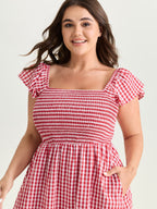 Cotton Gingham Print Shirred Bodice Midi Dress