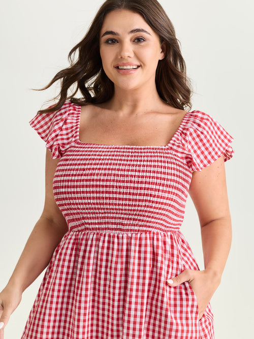 Cotton Gingham Print Shirred Bodice Midi Dress